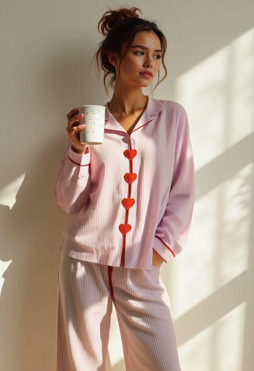 Orianna – Conjunto de pijama cómodo para mujer de dos piezas con botones en forma de corazón