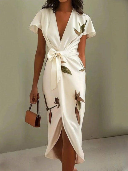 Mirea – V-Neck Urban Leaf Midi Dress - Image 5
