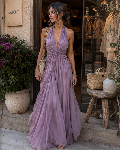 Women Flowy Halter Deep V-Neck Maxi Dress Summer - Image 7