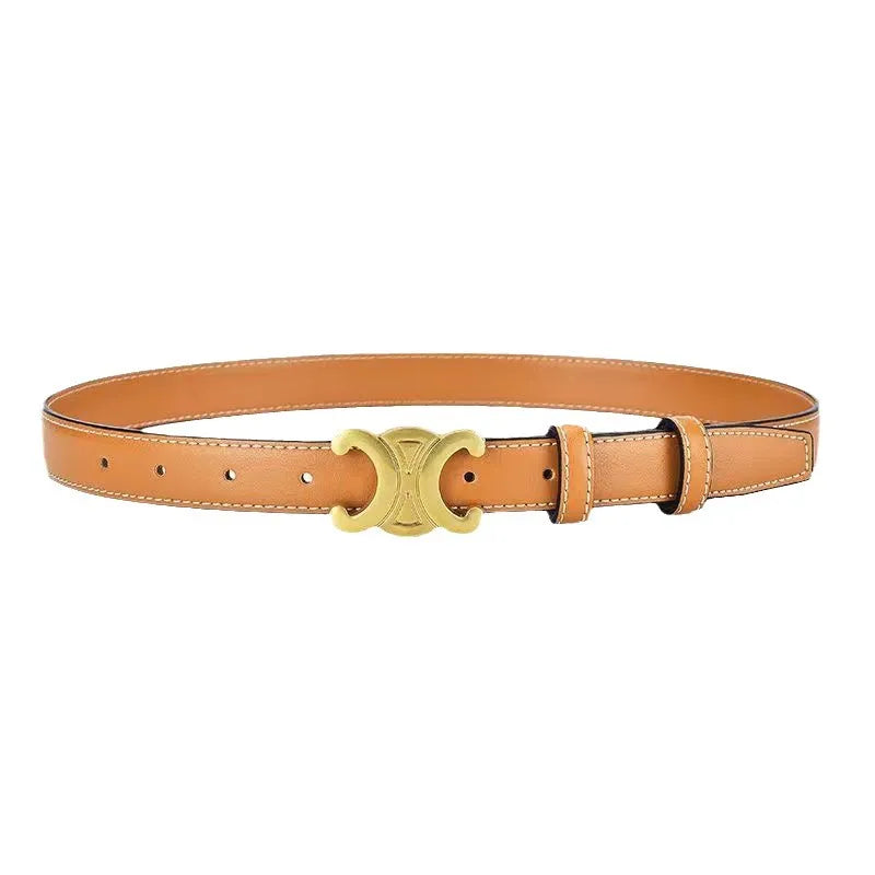 Women Slim Faux Leather Belt Gold Buckle Black - Image 9