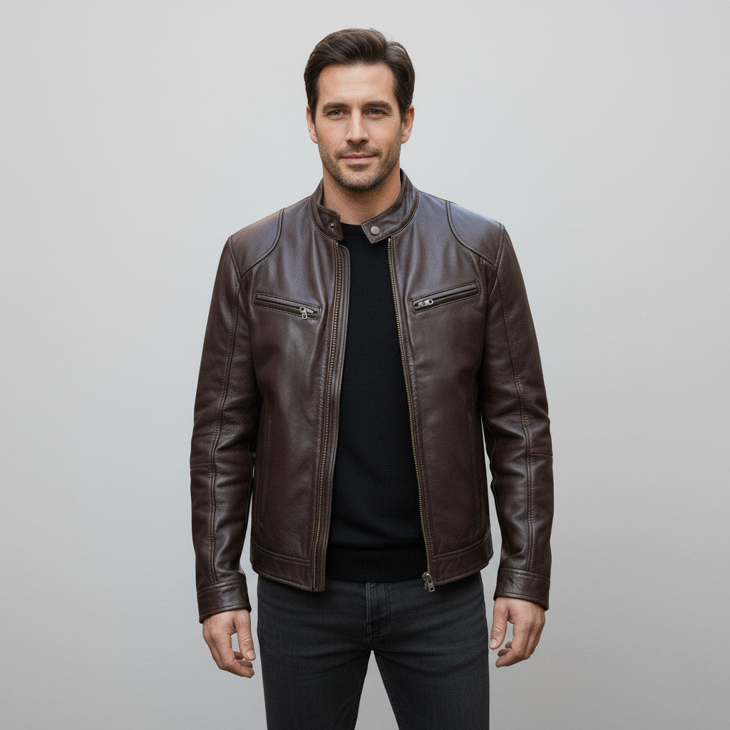 Ravion – Men’s Zip Front Biker Jacket with Stand Collar