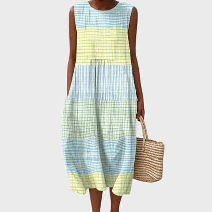 Women Linen Plaid Sleeveless Midi Dress