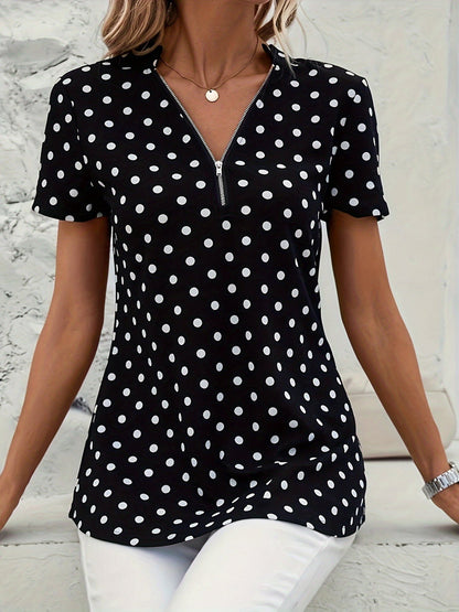 Uzziora – Polka Dot V-hals bluse med lynlås