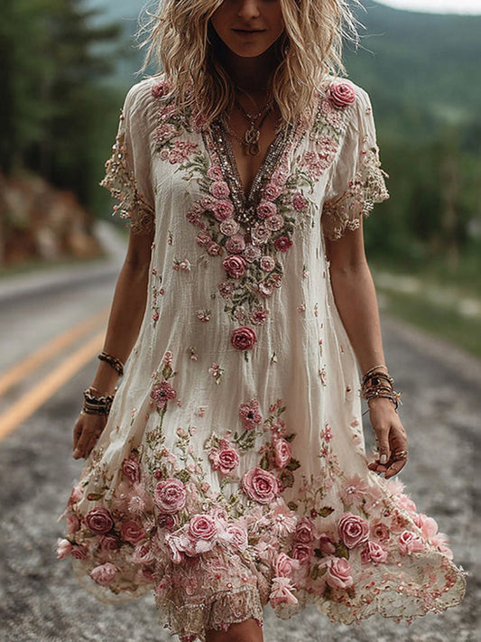 Women Floral Embroidered V-Neck Maxi Dress Garden Party Summer