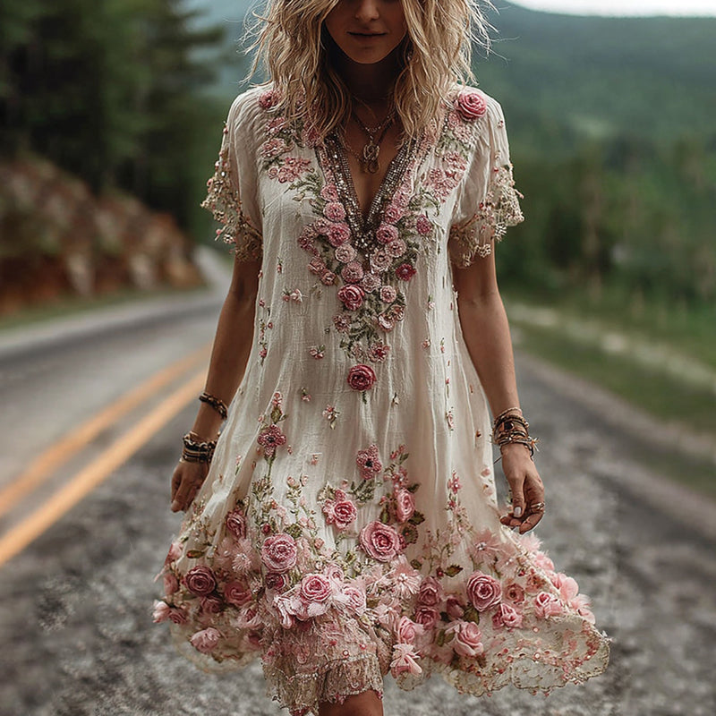 Women Floral Embroidered V-Neck Maxi Dress Garden Party Summer - Image 2