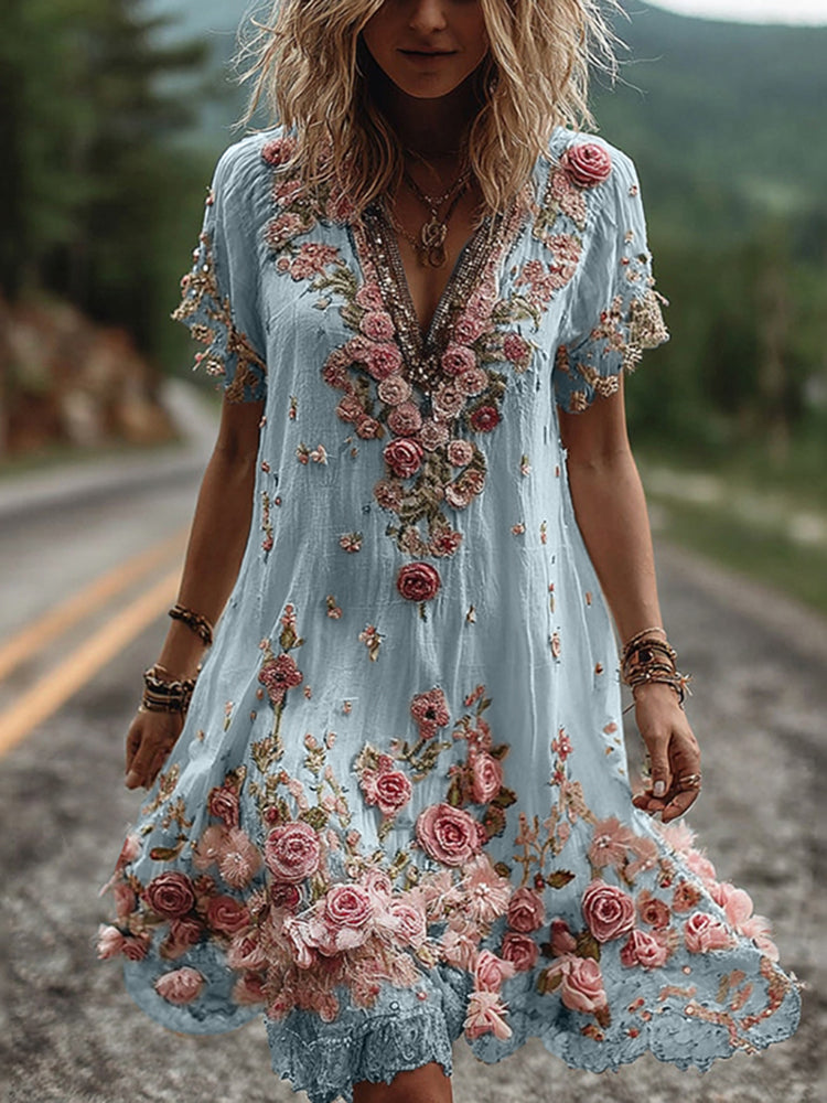 Women Floral Embroidered V-Neck Maxi Dress Garden Party Summer - Image 3