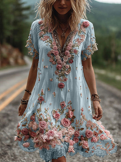 Women Floral Embroidered V-Neck Maxi Dress Garden Party Summer - Image 3