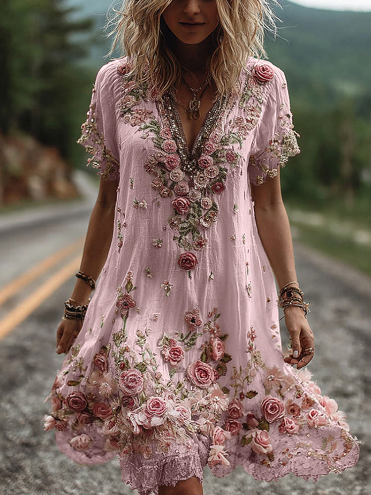Women Floral Embroidered V-Neck Maxi Dress Garden Party Summer - Image 4