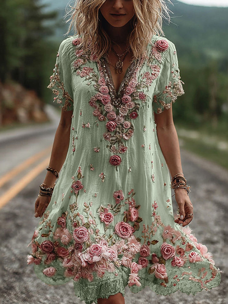 Women Floral Embroidered V-Neck Maxi Dress Garden Party Summer - Image 5