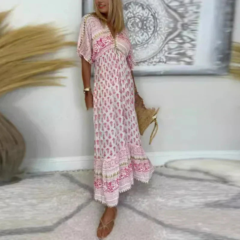 Women Boho Print Maxi Dress Short Sleeve Loose Flowy - Image 2
