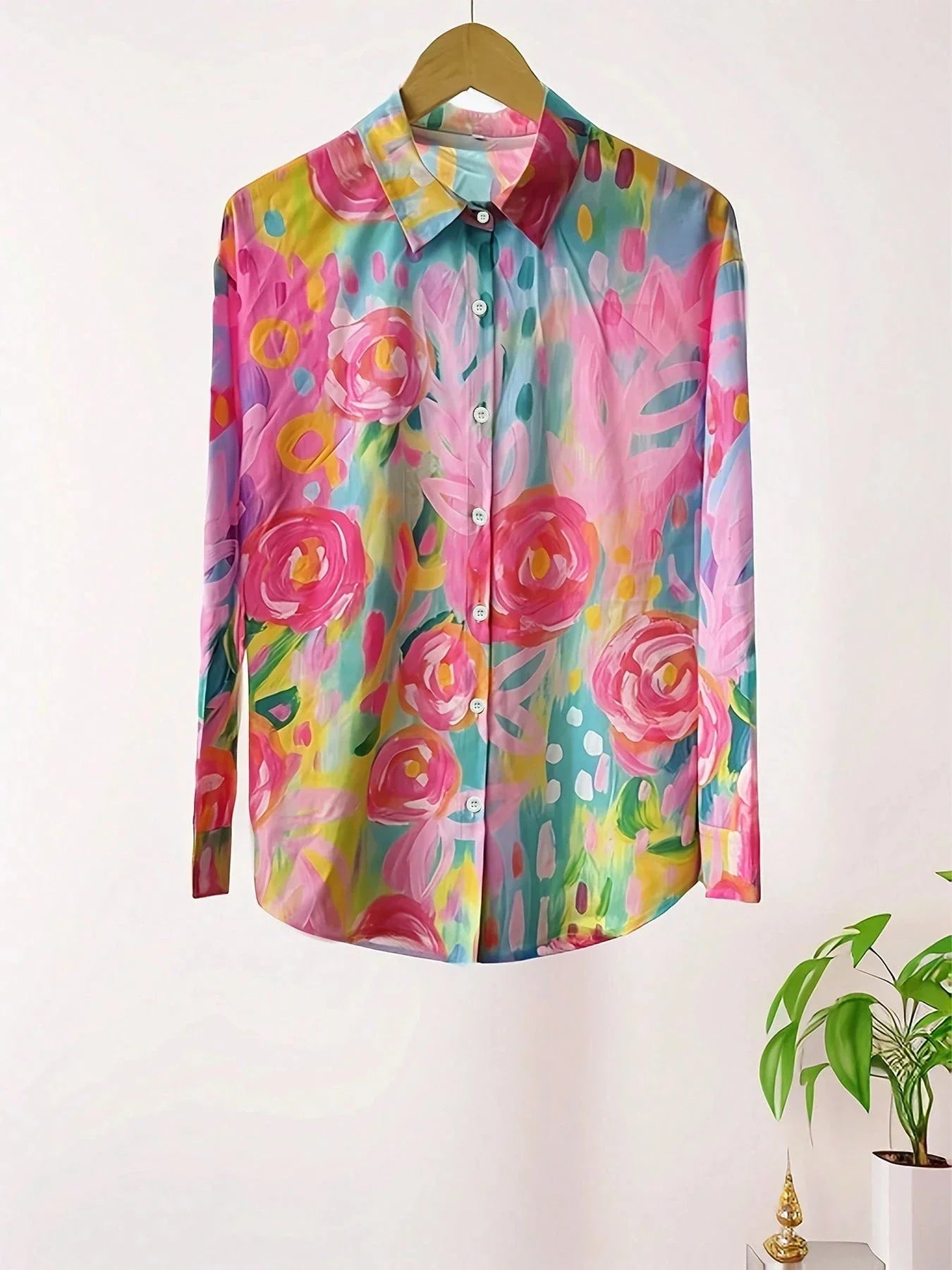 Women's Abstract Print Long Sleeve Button Front Blouse - Image 7