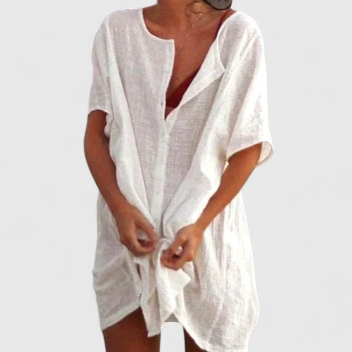 Women Loose Fit Tunic Midi Dress Casual Summer V-Neck Short Sleeve