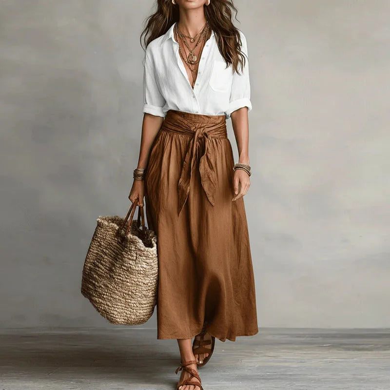Women Two Piece Skirt Set Button Down Blouse Midi Skirt - Image 2