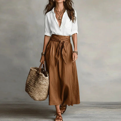 Women Two Piece Skirt Set Button Down Blouse Midi Skirt - Image 2