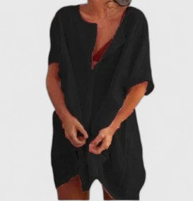Women Loose Fit Tunic Midi Dress Casual Summer V-Neck Short Sleeve - Image 8