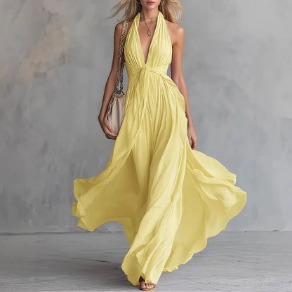 Women Flowy Halter Deep V-Neck Maxi Dress Summer - Image 3