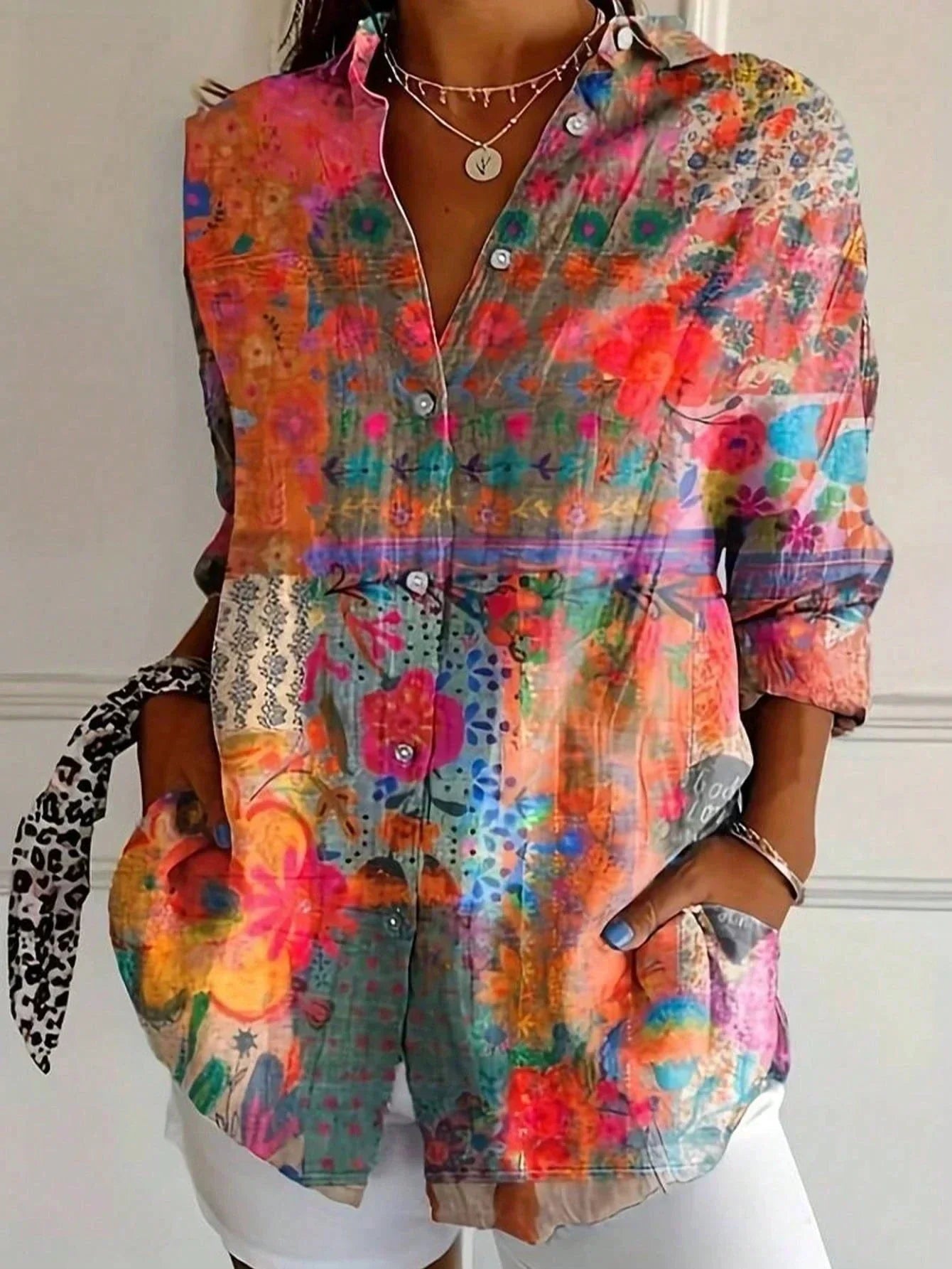 Women's Abstract Print Long Sleeve Button Front Blouse - Image 2