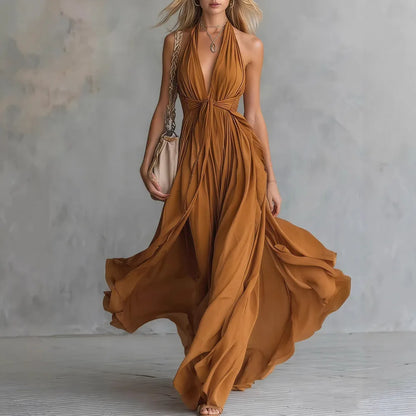 Women Flowy Halter Deep V-Neck Maxi Dress Summer - Image 5