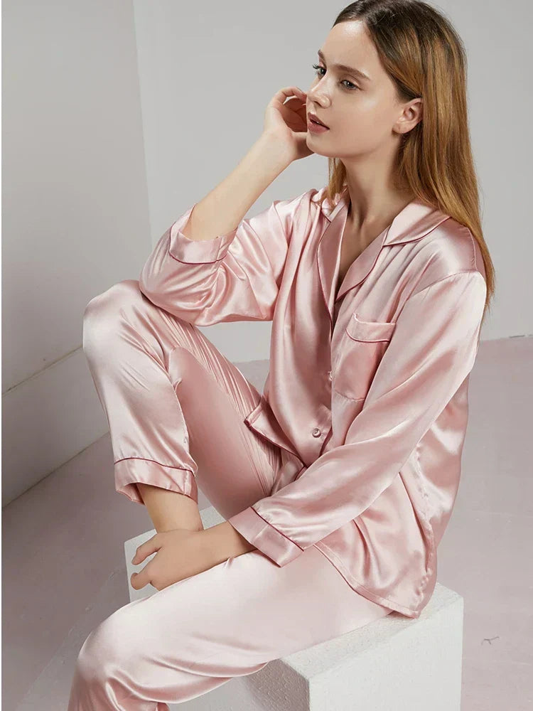 Women Mulberry Silk Pajama Set Luxury Pure Natural Sleepwear
