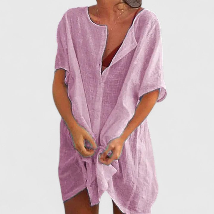 Women Loose Fit Tunic Midi Dress Casual Summer V-Neck Short Sleeve - Image 2