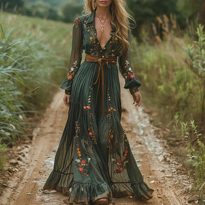 Women Embroidered Bohemian Maxi Dress V Neck