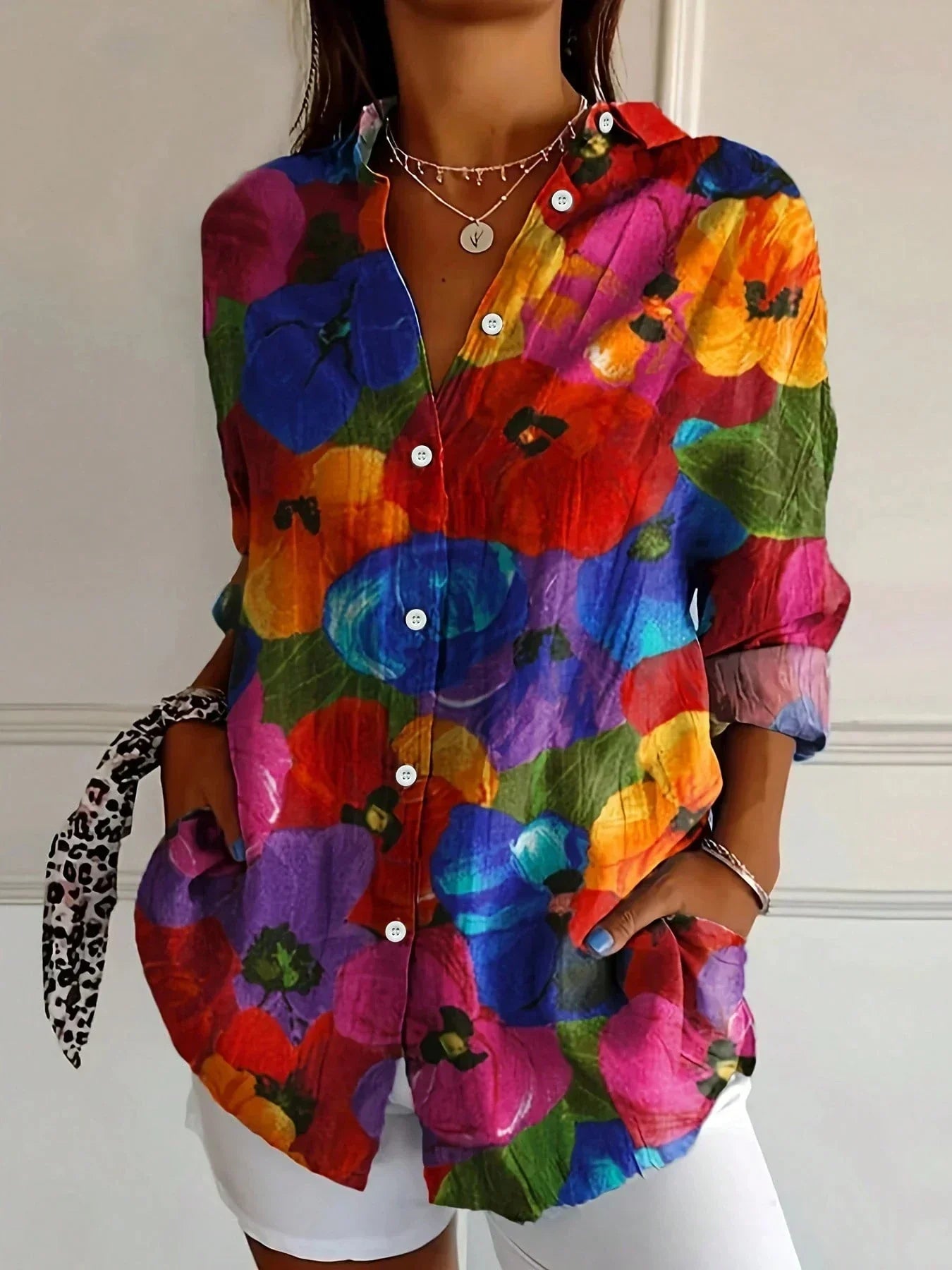 Women's Abstract Print Long Sleeve Button Front Blouse - Image 6