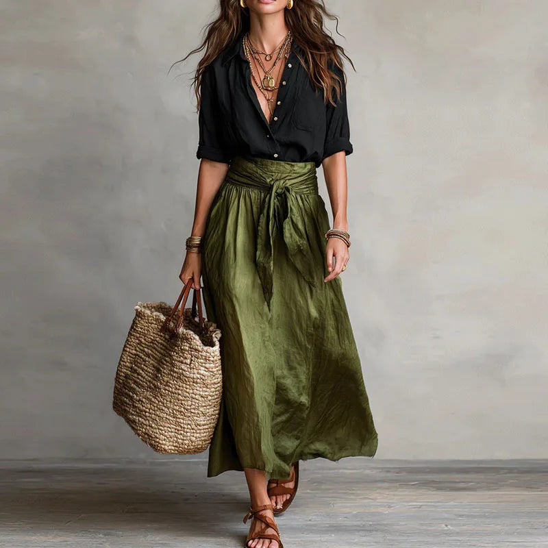 Women Two Piece Skirt Set Button Down Blouse Midi Skirt - Image 4