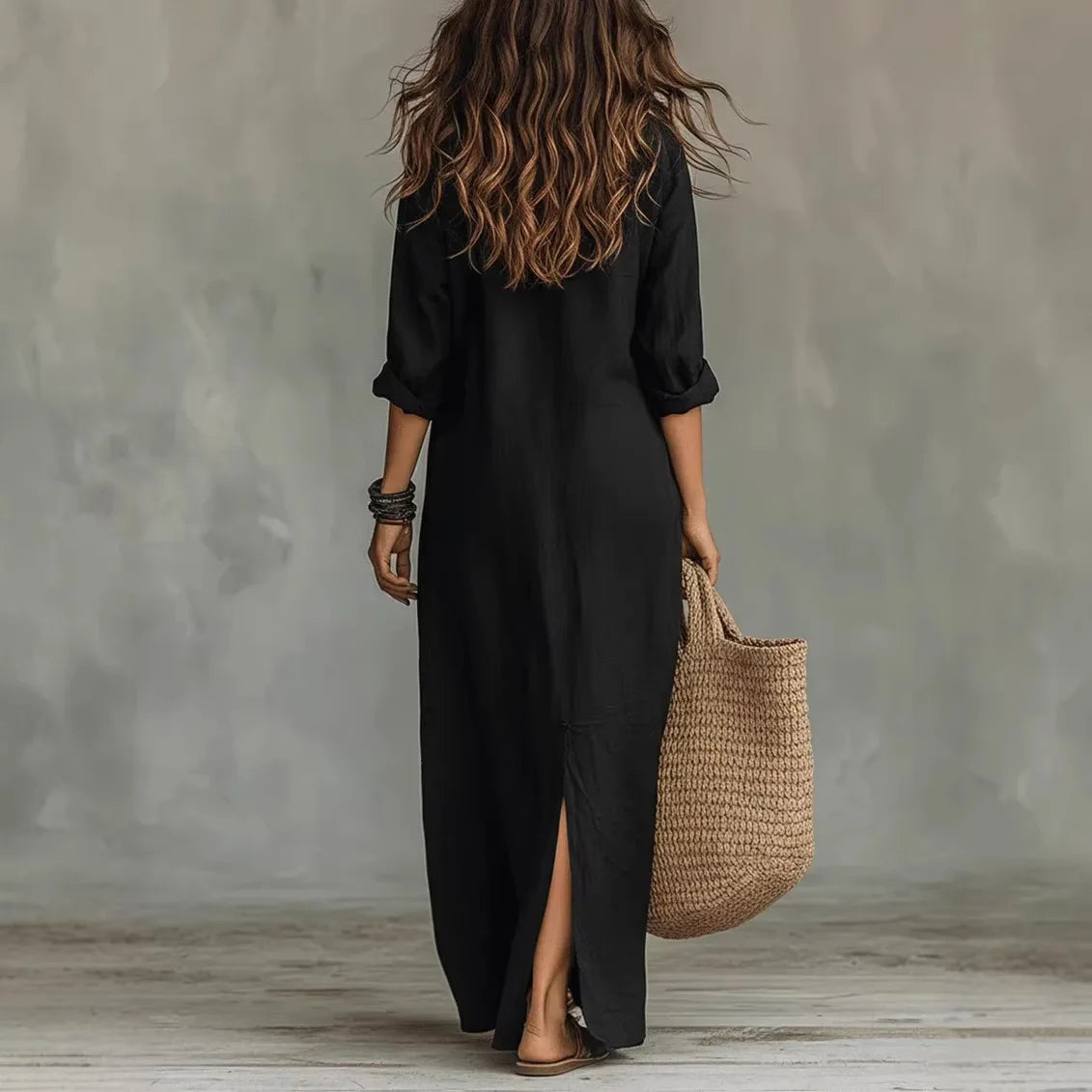 Women's Linen Maxi Dress Button Front Flowy Summer - Image 3