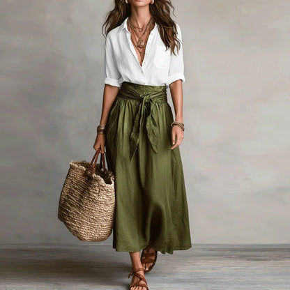 Women Two Piece Skirt Set Button Down Blouse Midi Skirt - Image 3