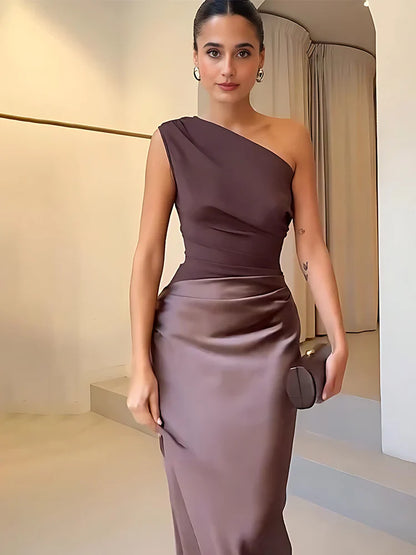 Selminda - Rochie maxi din satin cu un umăr gol