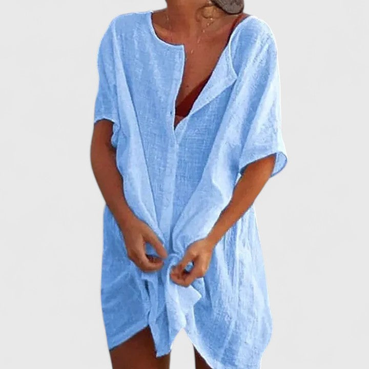 Women Loose Fit Tunic Midi Dress Casual Summer V-Neck Short Sleeve - Image 3