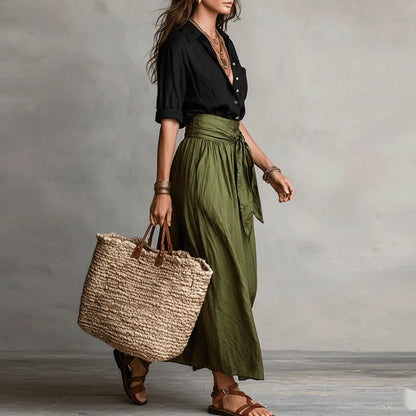 Women Two Piece Skirt Set Button Down Blouse Midi Skirt - Image 5