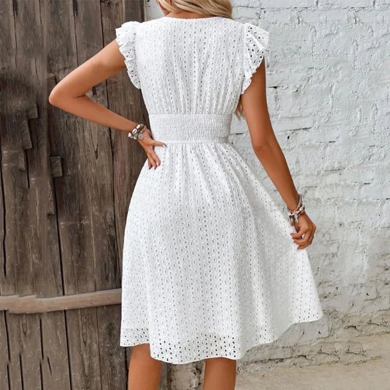 Women V-Neck Smocked Waist Summer Dress - Image 3