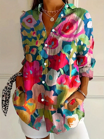 Women's Abstract Print Long Sleeve Button Front Blouse - Image 5