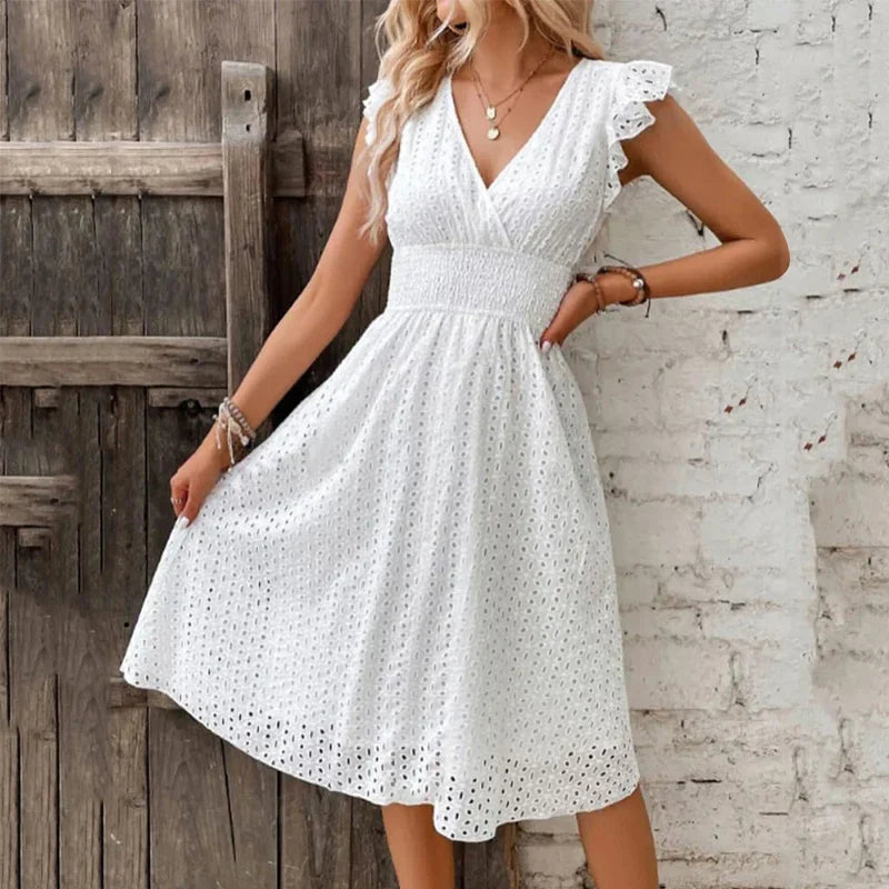 Women V-Neck Smocked Waist Summer Dress - Image 2