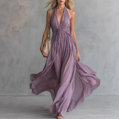 Women Flowy Halter Deep V-Neck Maxi Dress Summer
