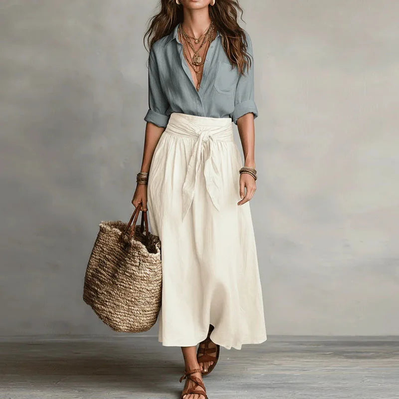 Women Two Piece Skirt Set Button Down Blouse Midi Skirt