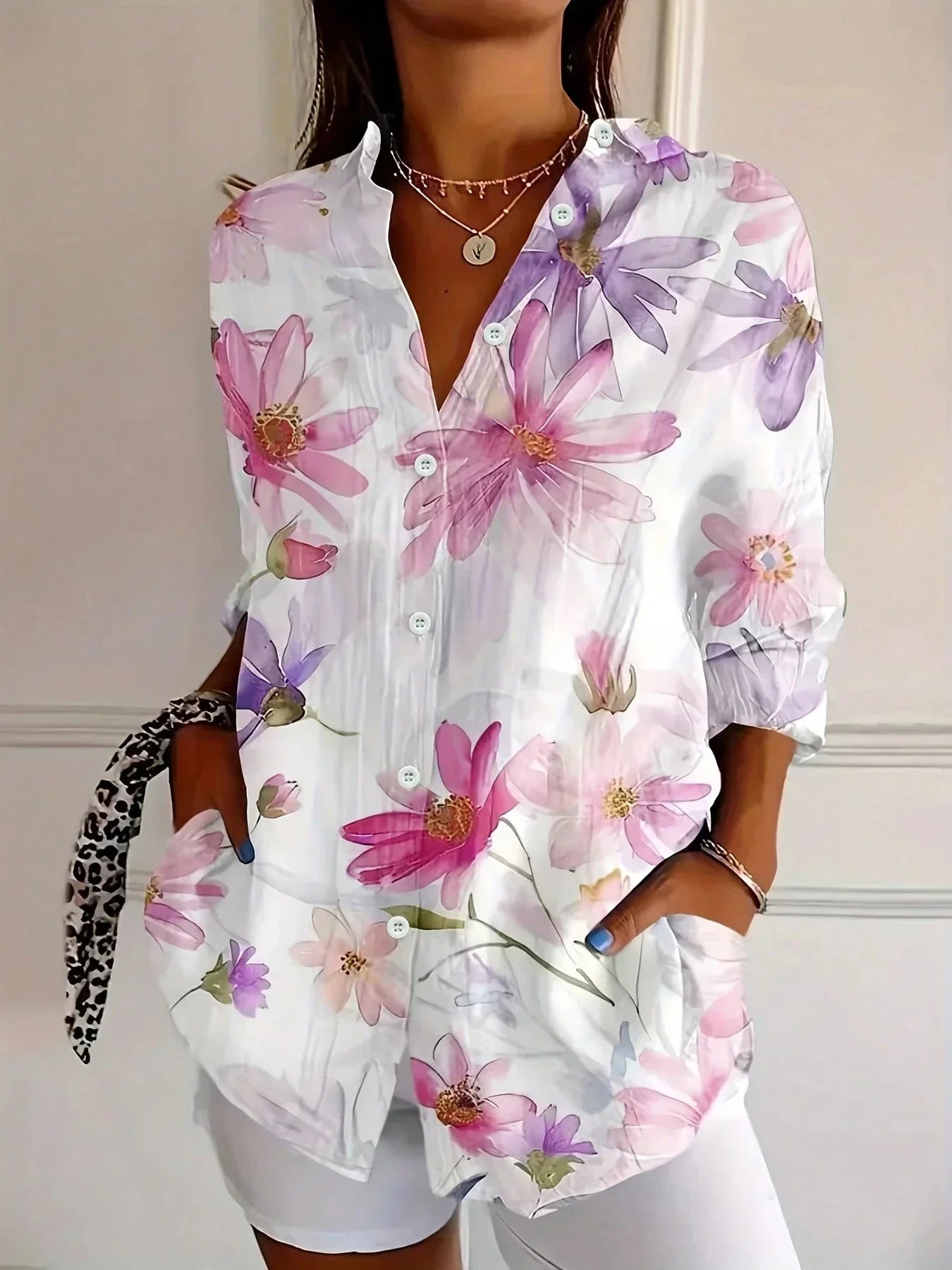 Women's Abstract Print Long Sleeve Button Front Blouse - Image 4