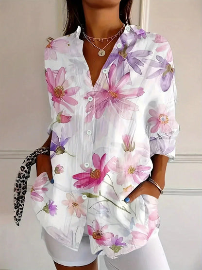 Women's Abstract Print Long Sleeve Button Front Blouse - Image 4