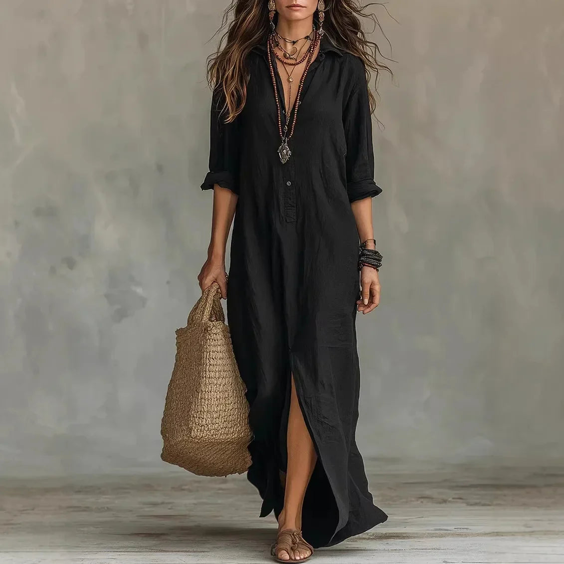 Women's Linen Maxi Dress Button Front Flowy Summer - Image 2