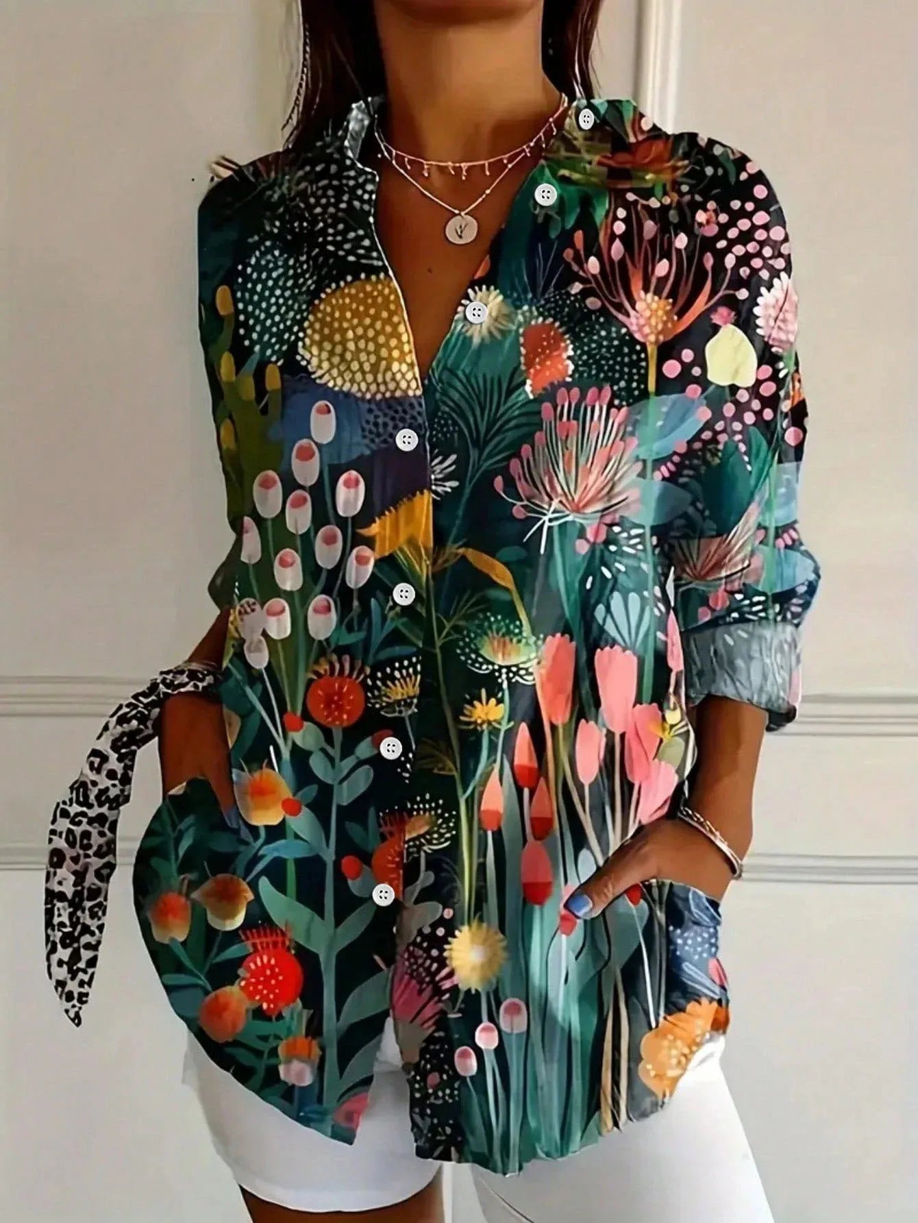 Women's Abstract Print Long Sleeve Button Front Blouse - Image 3