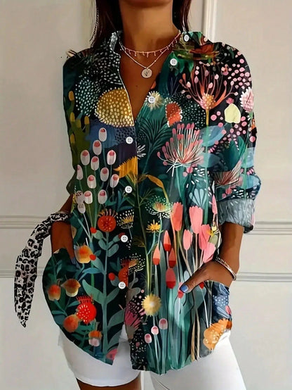 Women's Abstract Print Long Sleeve Button Front Blouse - Image 3