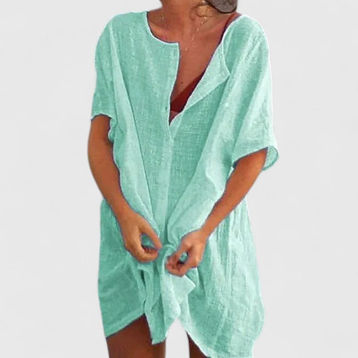 Women Loose Fit Tunic Midi Dress Casual Summer V-Neck Short Sleeve - Image 6