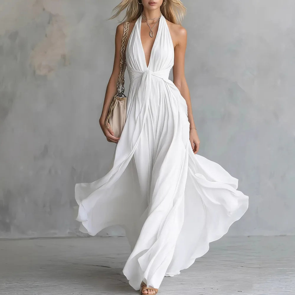Women Flowy Halter Deep V-Neck Maxi Dress Summer - Image 2