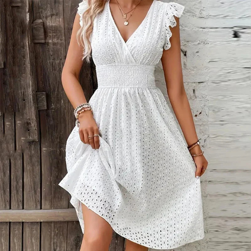 Women V-Neck Smocked Waist Summer Dress