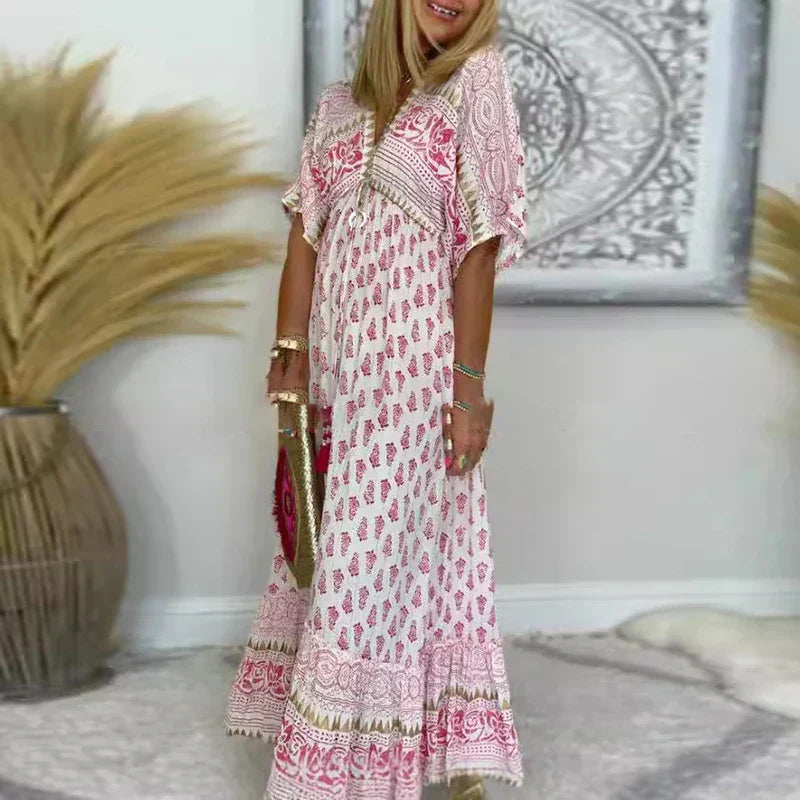 Women Boho Print Maxi Dress Short Sleeve Loose Flowy