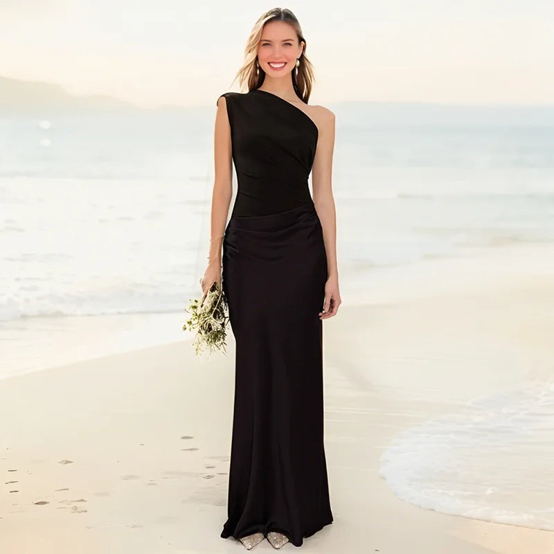 Selminda - Rochie maxi din satin cu un umăr gol