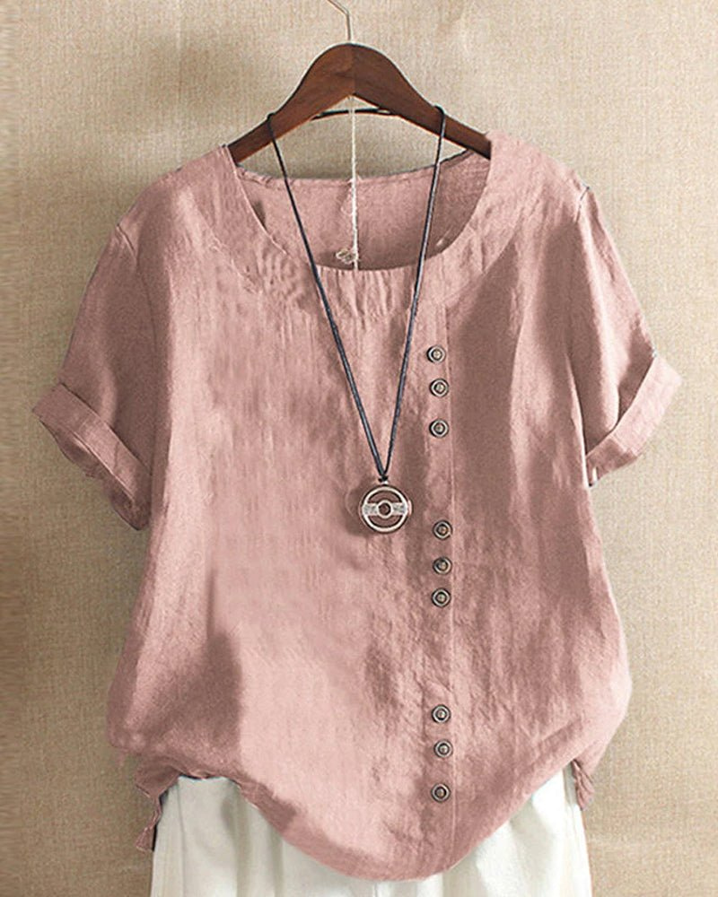 Women Linen Button Front Tunic Top Short Sleeve - Image 4