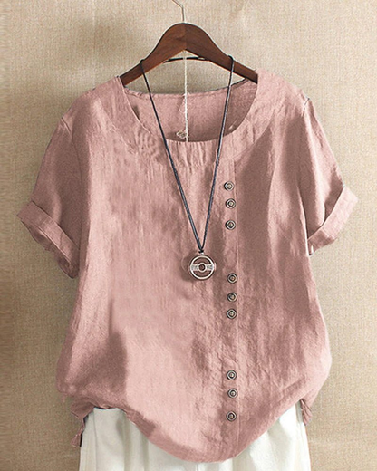 Women Linen Button Front Tunic Top Short Sleeve - Image 4