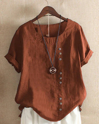 Women Linen Button Front Tunic Top Short Sleeve - Image 5